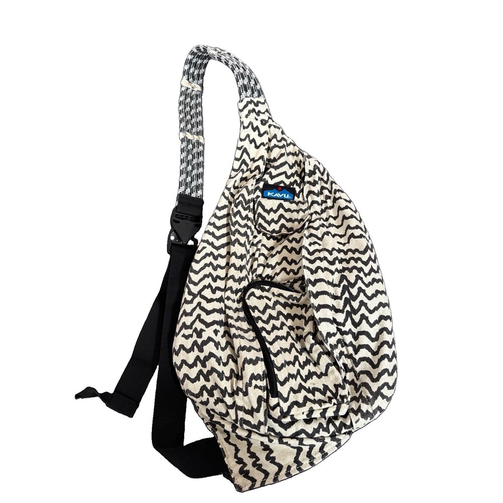 KAVU Lg Rope Sling Bag Squiggle Pattern Beige & Black Backpack Crossbody Hiking